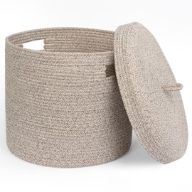 WILLITAT Storage Basket with Lid, Woven Blanket Storage for Living Room, Soft Cotton Rope Bin with Lid, Round Wicker Laundry Basket with Cover, Lidded Kids Dog Toy Bin, Nursery Organizer, 15" x 13"