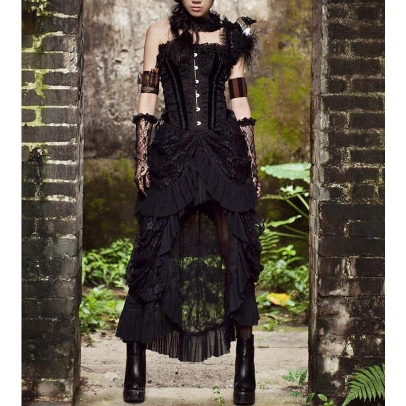 Women's Steampunk Gothic Black Lace Long Skirts - Pleated