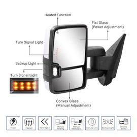 Towing Mirror for Silverado Sierra - 2007-2013 Chevy Silverado GMC Sierra Tow Mirror with Power Adjusted Heated Glass Turn Signal Light Backup Lamp Extendable Pair, Chrome Back