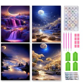 Josongslax Diamond Painting Kits with Storage Containers, 4 Pack 5D Diamond Art Kits for Adults, Arts Crafts for Adult DIY Home Wall Aesthetic Decor Gift 12 x 16 Inch, Moonlight Scenery