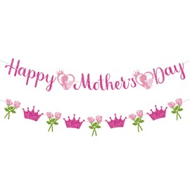 Whaline 2Pcs Happy Mother's Day Banner Set Pink Glitter Heart Rose Crown Pattern for Mother's Day Party Decorations Glitter Garland Photo Backdrop Props DIY Hanging Banner Home Wall Decor