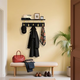 Lampaggio Wall Mounted Coat Rack with Shelf, 5 Gold Double Hooks, 3 Pegs, 16.5 inches Black Wood Floating Shelf for Entryway, Bathroom, Bedroom