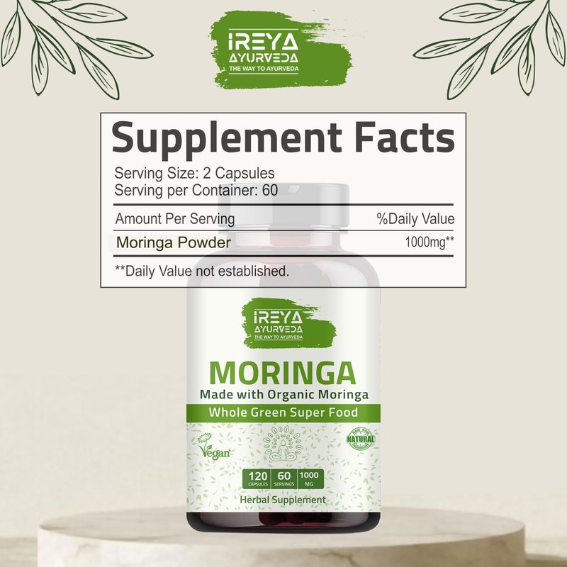 Ireya Ayurveda Moringa Capsule 1000 mg (120 Capsules), Moringa Powder