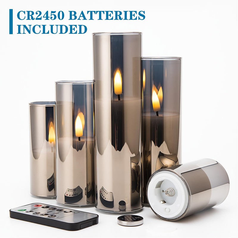 Girimax Grey Glass Flameless Candles with Remote, Flickering LED Votive