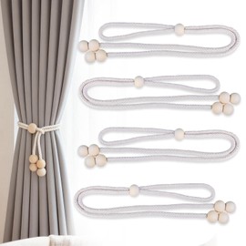 4 Pack Wooden Bead Curtain Tie Backs, Minimalist Boho Curtain Holdbacks, Elegant Rope Tiebacks for Curtains, Simple Decorative Drapery Ties for Living Room Bedroom Home Decor (Light Wood)