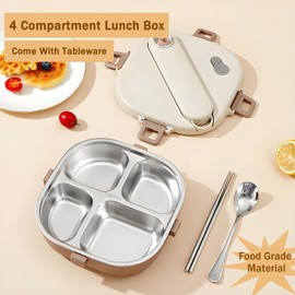 Ausenzup Stainless Steel Bento Box, 800ml Leakproof Lunch Box, Easy To Open And Close, Food Storage Container For Outings, Picnics, And Travels (4 Compartments)