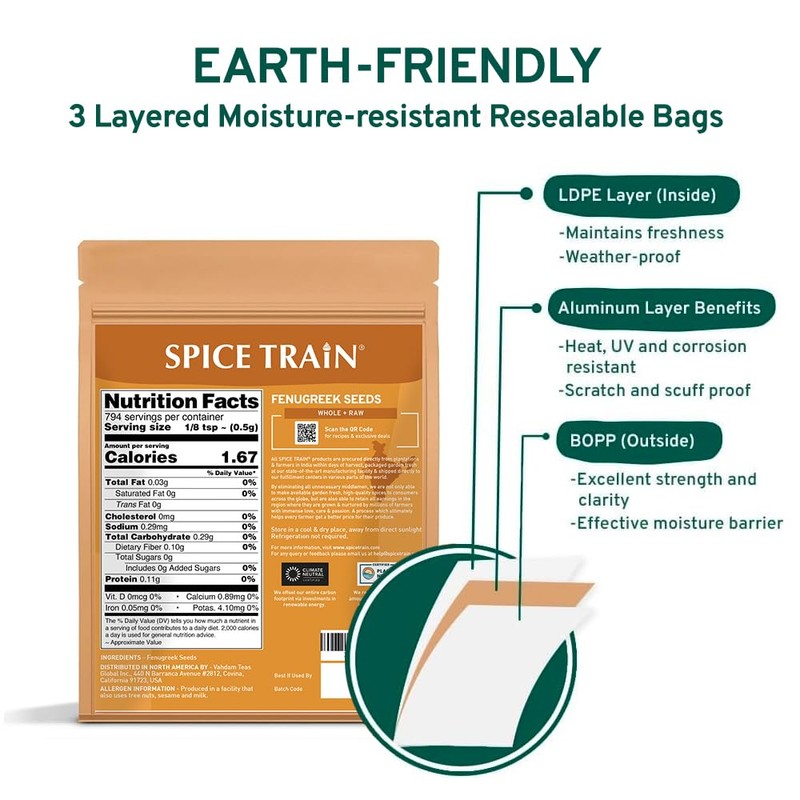 SPICE TRAIN, Fenugreek/Methi Seeds (397g) Non-GMO, Gluten-Free & 100% Whole