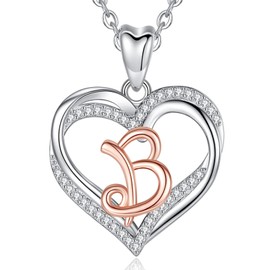 INFUSEU Womens Necklace with Letter B Initial Alphabet Jewelry Cubic Zirconia Double Heart Pendant and 20 Inch Chain for Female Name Gifts