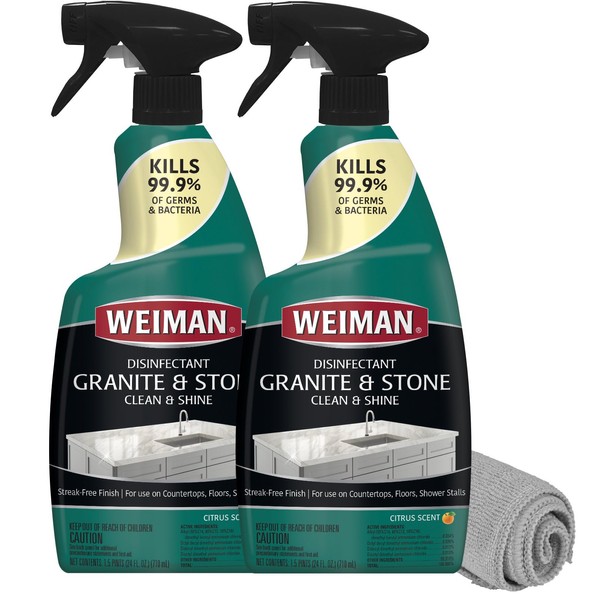 Weiman Disinfectant Granite Daily Clean & Shine (2 Pack with Polishing Cloth) Safely Clean Disinfect and Shine Granite Marble Soapstone Quartz Quartzite Slate Limestone Corian Laminate Tile Countertop