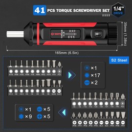 VANPO Torque Screwdriver, 15-65In-lb Torque Screw Driver Wrench Driver Set, 1/4'' Drive Inch Pounds Torque Wrench Screwdriver with 40 S2 Bits for Maintenance, Tools, DIY, Bike Repairing and Mounting