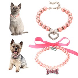 2 Pack Pink Pearl Collar for Dogs,Bling Pearl Puppy Collar Necklace Female Rhinestone Beaded Pearl Cat Collar Girls Crystal Pretty Diamond Jewel for XS Small Medium Kitten Wedding Birthday,L