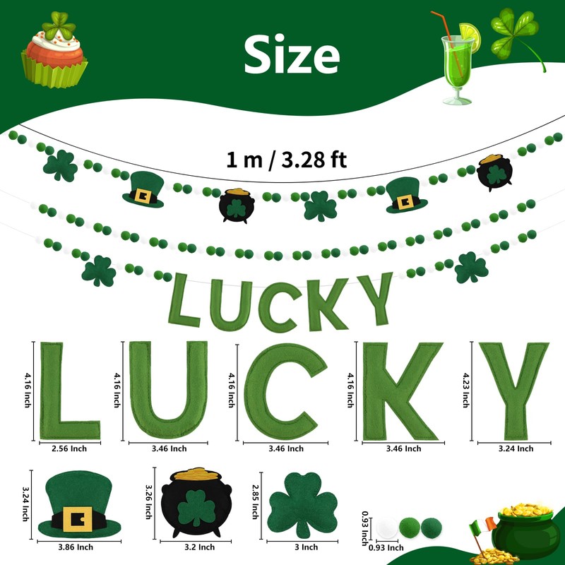 St Patricks Day Decorations 3 Pack Felt Pompom Banner Pre-Assembled