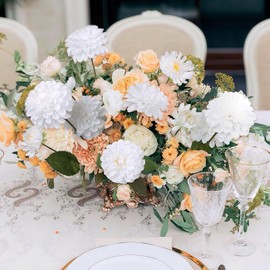 Fqueelvys 6PCS White Dahlia Artificial Flowers with 3 Heads 29in Long Stem Faux Dahlia Silk Flowers Fake Dahlia Bouquets for Wedding Home Table Centerpieces Party Decoration Floral Arrangement (White)