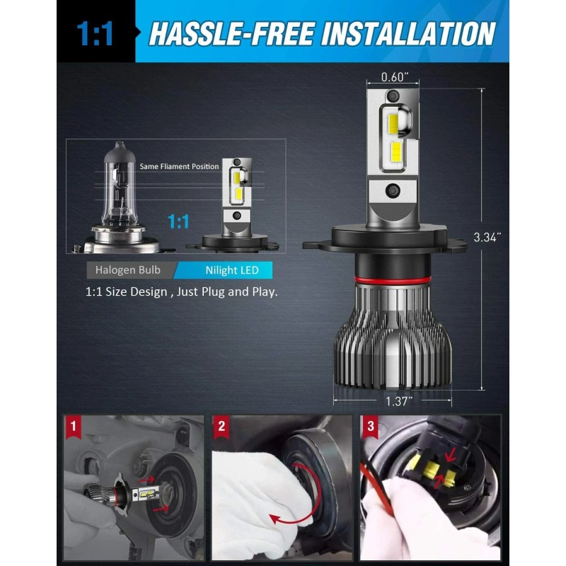 Nilight 2PCS H4 LED Headlight Kit Light Bulbs High Low