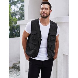 Gihuo Men's Utility Fishing Vest Lightweight Outdoor Work Safari Travel Cargo Vest with Multi-Pockets (US, Alpha, XX-Large, Regular, Regular, Black)