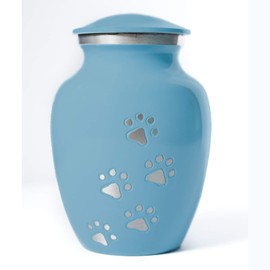Best Friend Services Pet Urn - Ottillie Paws Legacy Memorial Pet Cremation Urns for Dogs and Cats Ashes Hand Carved Aluminium Memory Keepsake Urn (Baby Blue, Vertical Pewter Paws, Medium)