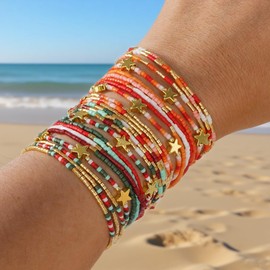 SHINUS BOHO Star Gold Beaded Stretch Christmas Bracelet Stack for Women,12PCS Bohemian Red Green White Small Beads Stackable Bracelet Fashion Holiday Accessories Outfits Jewelry Gift Friendship Family