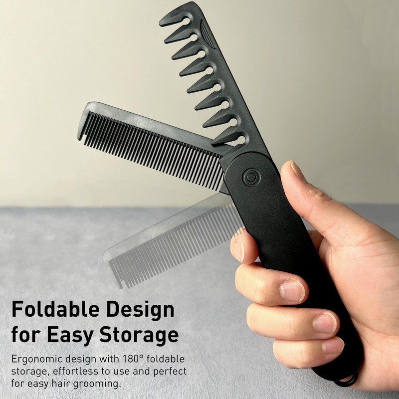 2-in-1 Men's Protable Folding Pocket Comb - Black, Fine &