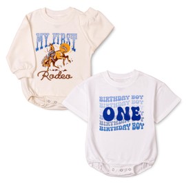 KOLNAMDINH My First Rodeo Baby Boy Outfit, Western Cowboy 2-Pack Romper Set, Long Sleeve & Short Sleeve Bodysuit for Outfit Boys (Muticolor, 6-12 Months)