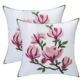 LUOYEHK Embroidered Throw Pillow Covers 18x18 Inch Set of 2 Pink Magnolia Flower Spring Pillowcases Farmhouse Canvas Square Cushion Covers for Living Room Sofa Bed