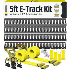 DC Cargo Mall Indoor E Track Tie-Down Rail Kit, 16PCS 5FT E-Tracks Set Includes 4 Powder-Coated Rails & 2 X 12 Foot Ratchet Straps & 4 O Rings & 2 Extra Heavy Duty O Rings & 4 Tie-Offs with D-Ring