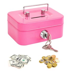 Spetsbst Cash Box Lockable Small Cash Box with Key and Slot, Steel Money Box Children (Pink)
