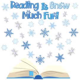 TaoBary 78 Pcs 3D Snowflake Bulletin Board Cutouts Set Winter Christmas Snowflake Accent Cut Outs Reading is Snow Fun Paper Cutouts Classroom Decoration for Winter Christmas School Home Door Wall