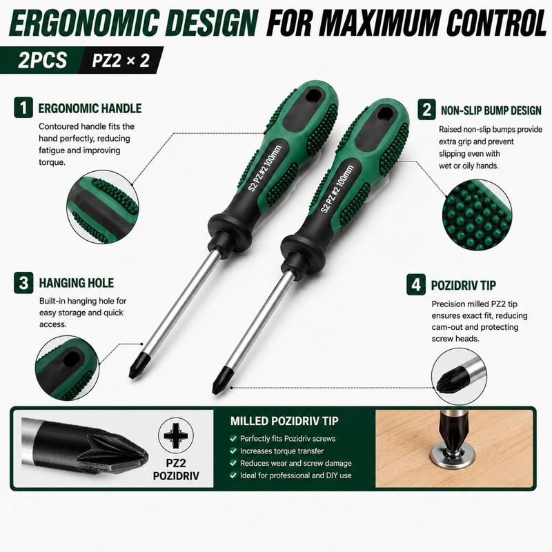 2PCS Pozidriv PZ2 Screwdrivers for Pozi Screw, S2 Steel, 100mm