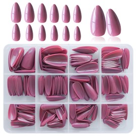 LoveOurHome 240pc Short Almond Press on Nails Colored Lotus Pink Fake Nail Tips Full Cover Artificial Fingernail French Stiletto Manicure with Adhesive Tabs for Women Girls Kids