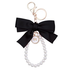 Black Bow Pearl Wristlet Keyring for Women Girls Large Ribbon Bow Key Chain for Women Girls Bracelet Wristlet Keychain Key Handbag Charms for Car Keys Bow Pearl Bracelet Keychain Cute Handbag Charm