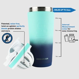 Ice Shaker Stainless Steel Shaker Bottle | 26oz, Navy/Mint | Stays Cold for 30+ Hours | Insulated Cup with Twist-on Agitator | Odor-Free Shaker Cup for Protein Shakes, Water, Smoothies, Cocktails