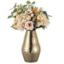 MyGift 10 inch Tall Modern Brass Tone Metal Decorative Flower Vase with Pebbled Texture, Hammered Centerpiece Holder for Floral Arrangements - Handcrafted in India