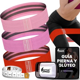 Active Jungle Bandas de Resistencia para Ejercicio | Kit 3 Ligas de Resistencia Elásticas de Tela | Fuerza, Fisio, Yoga, Crossfit, Gym | Glúteo, Piernas, Cadera | Bolsa, Manual y Retos | Garantía