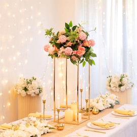 Sziqiqi Wedding Centerpieces Vase For Tables With Plates - 2 Pcs Metal Column Geometric Flower Stand 23.6in Gold Flower Display Rack Decorations For T-Stage Reception Party Fiesta Event Home Christmas