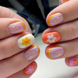ONPRESS 24Pcs Summer Colorful Flower Press on Nails Short Square Fake Nails with Rainbow Floral Design Dopamine Red Pink Blue Yellow Glue on Nails French Tip Acrylic Nails for Women Manicure