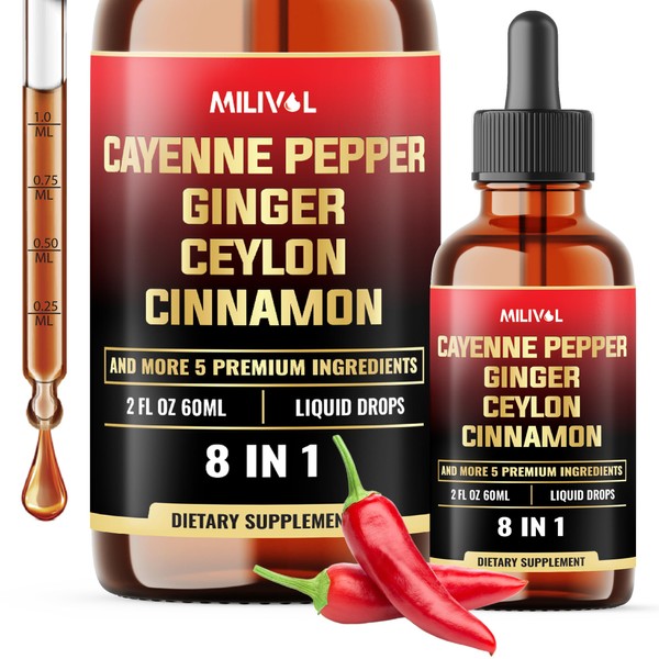 MILIVOL 8in1 Cayenne Pepper Liquid Drops with Ginger, Ceylon Cinnamon