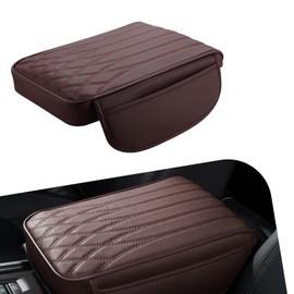 QODOLSI 1 PC Car Armrest Box Booster Pad, 12.5" x 8.6" x 1.9" Built-in Memory Foam Arm Pressure Relief Pad with Side Pocket, Center Console Leather Anti-Scratch Protector, Universal for Cars (Coffee)