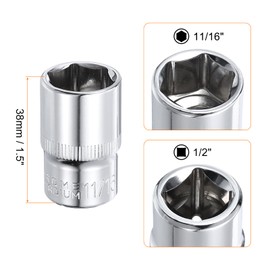 HARFINGTON 6-Point Socket 1/2" Drive by 11/16" SAE 1.5" Length Shallow Socket CR-V Square Drive Sockets Mirror Polished Chrome Socket Hand Tool for Car Repair Mechanical Maintenance