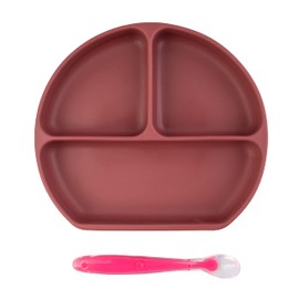 PAPU BABY Plato con divisiones y cuchara de silicón para bebés. Libres de BPA. Plato con succión. Silicón de grado alimenticio. Alimentación independiente. (Magenta)