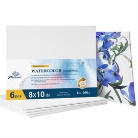 PHOENIX Watercolor Canvas Boards for Painting - 8x10 Inch/6 Pack, 100% Cotton Water Color Canvas Panels, 8 Oz. / 260g White Blank Medium Texture Flat Canvases for Water Based Paints