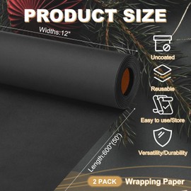 PATIKIL Wrapping Paper, 2 Pack 12"x600"(50') 80 GSM Craft Paper Roll Kraft Packing Paper for Poster Bulletin Board, Gift Wrapping, Flower Bouquet Wrapping, Black