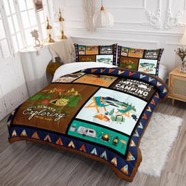 XYNHML Camping Car Comforter 3Pcs Full Happy Camping Tent Campfire Pine Bedding Set for Kid Teen Girl Boy Adult RV Camping Snowfield Camper Chair Quilt Bed Decor with 1 Comforter and 2 Pillowcases