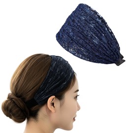 KOREWA Women's Wide Headband, Painless Lace, Hair Accessory, Gray Hair, Thin Hair, Cracked Whorl, Cover for Postpartum Hair Loss, Conceals Bosoma, One Size Fits Most (Navy)