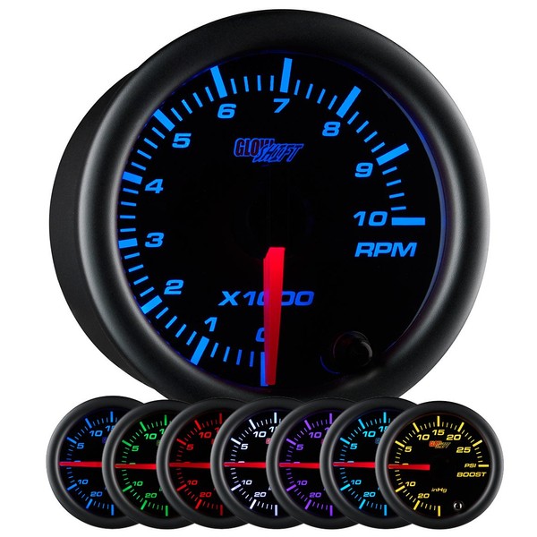 GlowShift Black 7 Color 10,000 RPM Tachometer Gauge - for