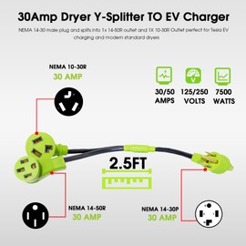 HonestRv 30 Amp 240V Y Splitter for Dryer and EV Charger, NEMA 14-30P to 10-30R/14-50R Dryer Outlet Adapter, Adapter for EV/RV Charging, Older Standard Dryer Adapter, STW 3/10 AWG, 2.5FT