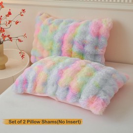 LIFEREVO 2 Pieces Fluffy Faux Rabbit Fur Pillow Cases, Soft Plush Shaggy Bubble Pillowcases Standard Size with Zipper, Furry Fuzzy Long Pillow Shams for Adult Girls Kids Teens 50x75 cm, Rainbow