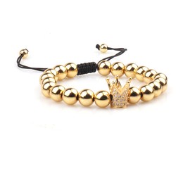 GVUSMIL Luxury CZ Imperial Crown Braided Copper Bracelets with 8mm Micro Pave Cubic Zirconia Beads Pulseira Bangle Charm Jewelry for Men (Gold)