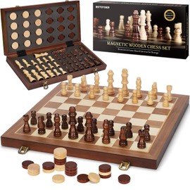 2 in 1 Magnetic Wooden Chess and Checkers Board Game Set, 15" Folding Chess Boards with 2 Extra Queens, Portable Travel Chess Sets with Pieces Storage Slots, Beginner Chess Game Set for Kids, Adults