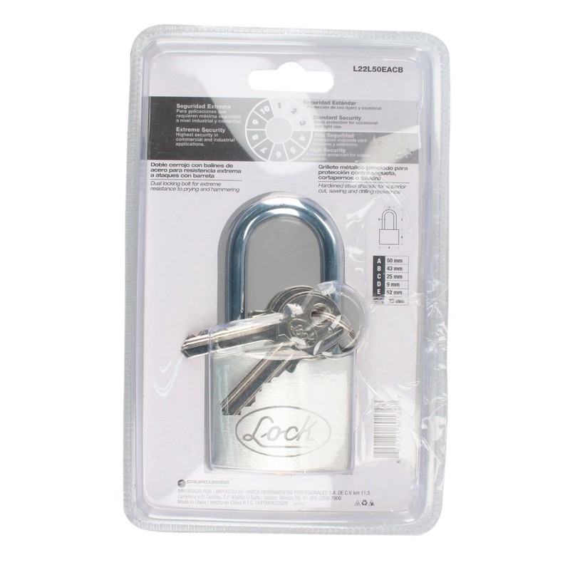 Lock L22L50EACB Candado de acero largo 50 mm, llave estándar