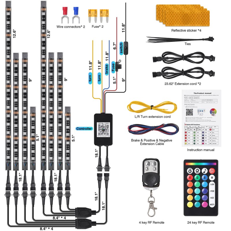8PCS Motorcycle RGB LED Light Kits with APP/RF Remote, Multicolor
